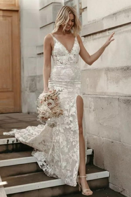 BMbride Beautiful Floral Lace Mermaid Sleeveless V-Neck Side Slit Wedding Dress BMbride