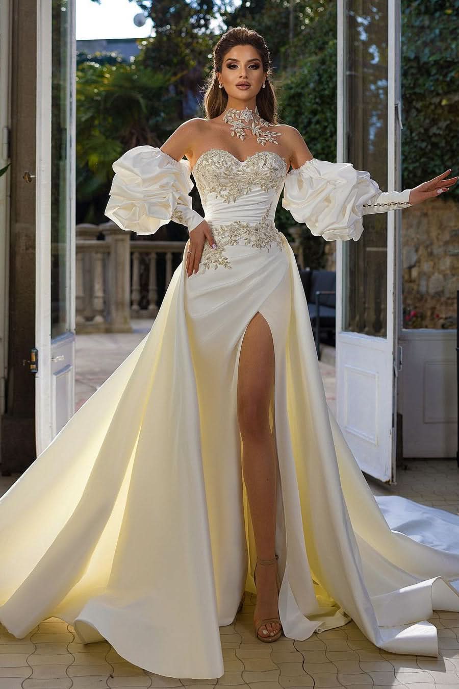 BMbride Beautiful Long A-Line Sleeveless Strapless Satin Wedding Dresses With Applique BMbride