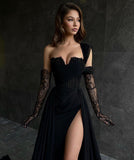 BMbride Beautiful Long Black A-line One Shoulder Sleeveless Lace Prom Dress With Sit BMbride