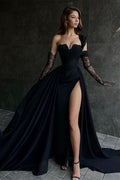 BMbride Beautiful Long Black A-line One Shoulder Sleeveless Lace Prom Dress With Sit BMbride