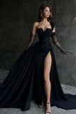 BMbride Beautiful Long Black A-line One Shoulder Sleeveless Lace Prom Dress With Sit BMbride