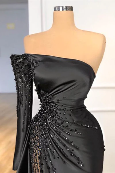 BMbride Beautiful Long Black Off-the-shoulder Beading Prom Dress With Long Sleeve BMbride
