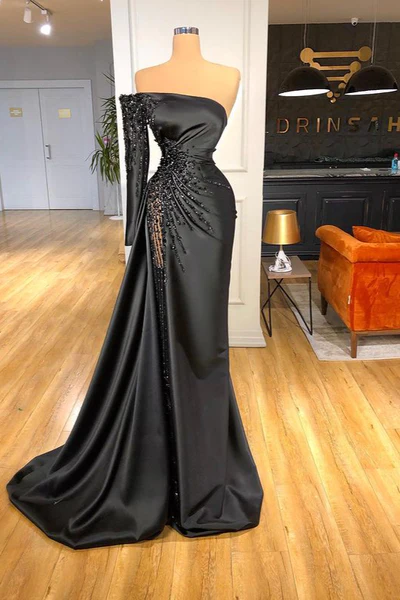 BMbride Beautiful Long Black Off-the-shoulder Beading Prom Dress With Long Sleeve BMbride