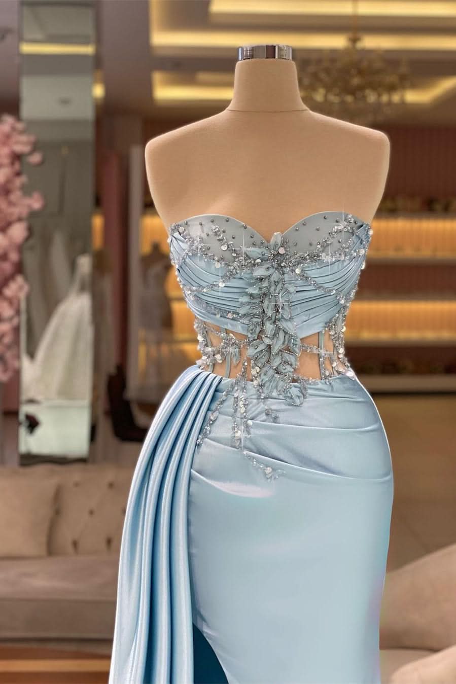 BMbride Beautiful Long Blue Mermaid Sleeveless Beading Prom Dress With Slit BMbride
