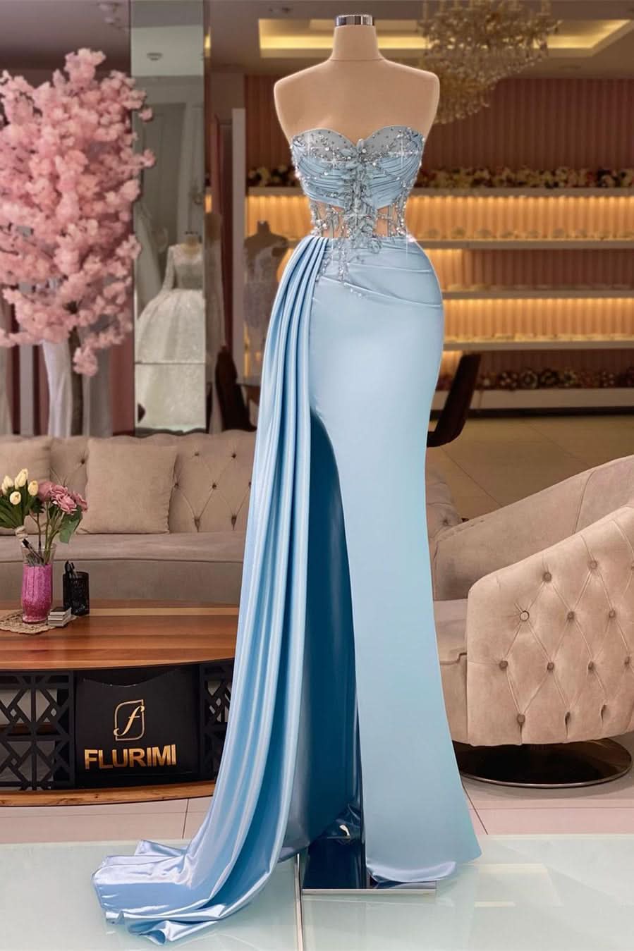 BMbride Beautiful Long Blue Mermaid Sleeveless Beading Prom Dress With Slit BMbride