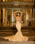 BMbride Beautiful Long Champagne Mermaid Sleeveless Beading Prom Dress With Lace BMbride