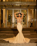 BMbride Beautiful Long Champagne Mermaid Sleeveless Beading Prom Dress With Lace BMbride