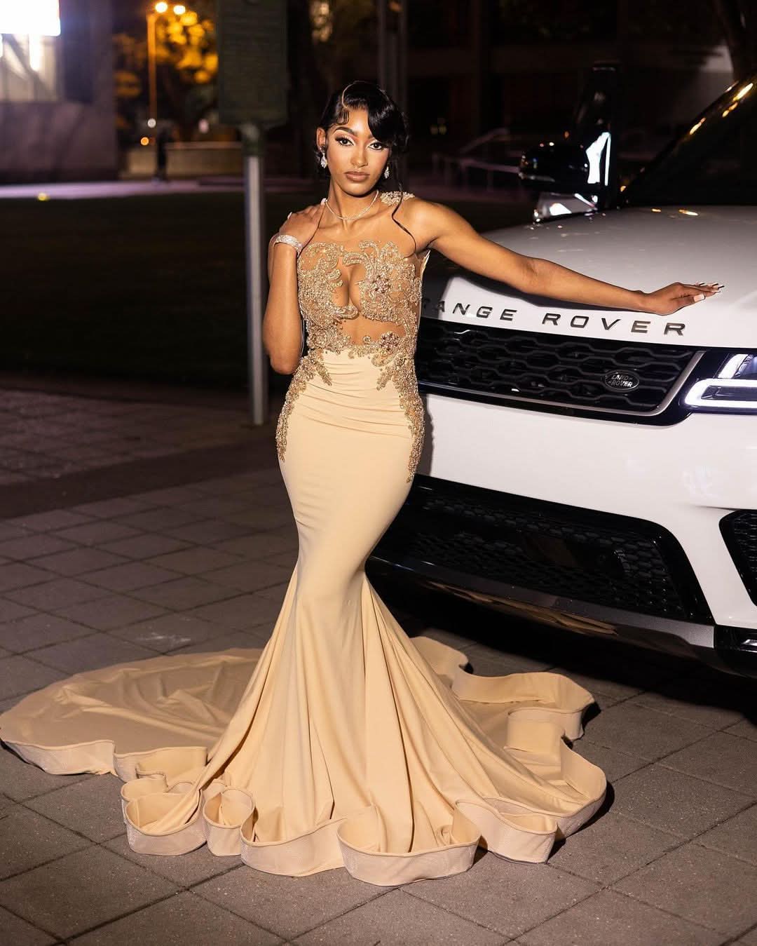 BMbride Beautiful Long Champagne Mermaid Sleeveless Beading Prom Dress With Lace BMbride