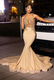 BMbride Beautiful Long Champagne Mermaid Sleeveless Beading Prom Dress With Lace BMbride