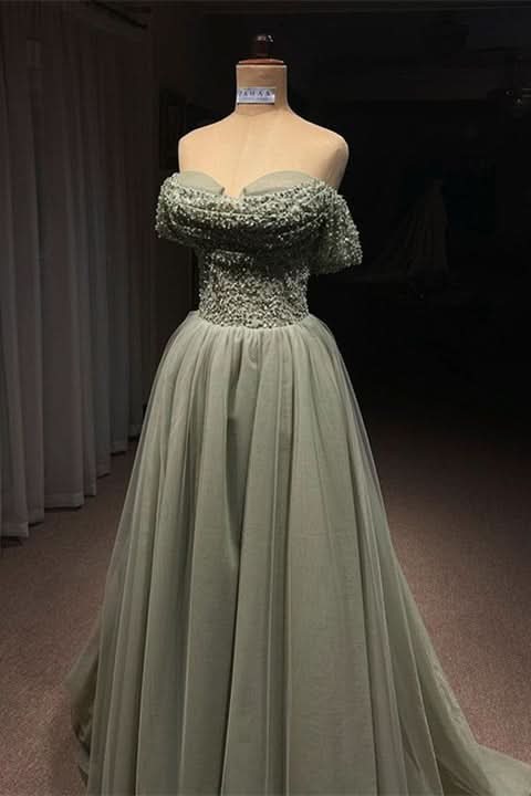 BMbride Beautiful Long Green A-line Off-the-shoulder Sequined Beading Prom Dress BMbride