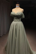 BMbride Beautiful Long Green A-line Off-the-shoulder Sequined Beading Prom Dress BMbride