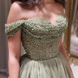 BMbride Beautiful Long Green A-line Off-the-shoulder Sequined Beading Prom Dress BMbride