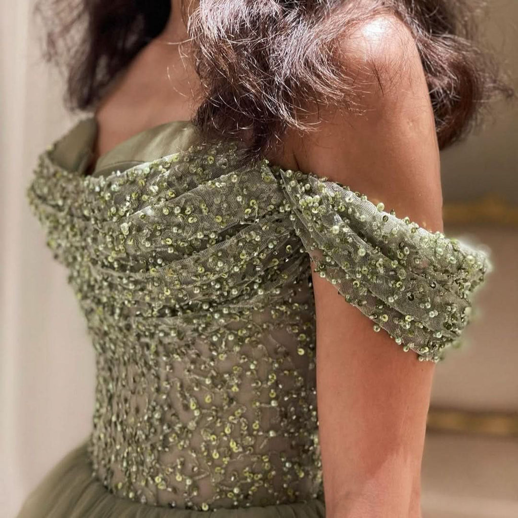 BMbride Beautiful Long Green A-line Off-the-shoulder Sequined Beading Prom Dress BMbride