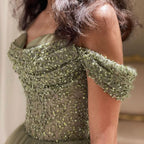 BMbride Beautiful Long Green A-line Off-the-shoulder Sequined Beading Prom Dress BMbride