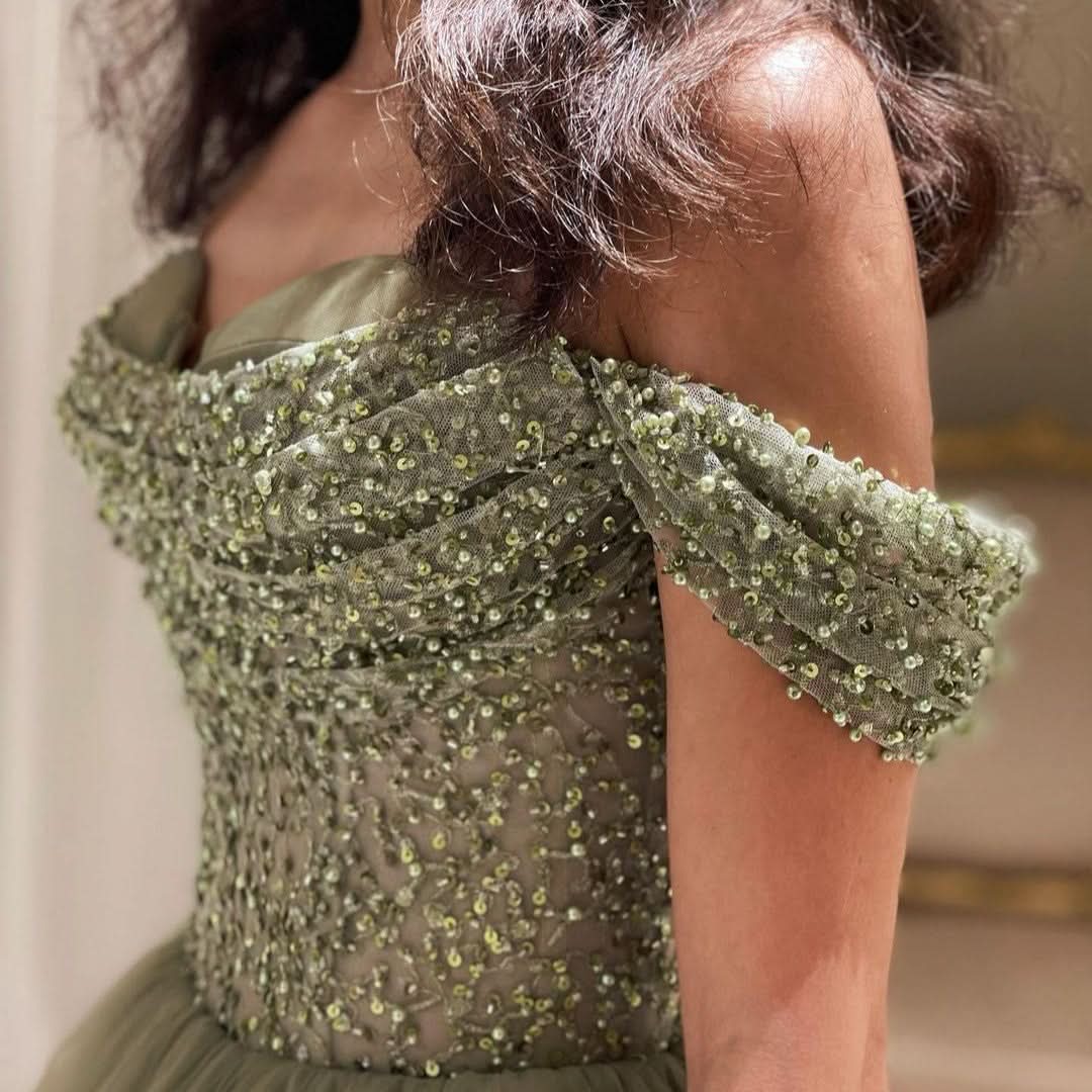 BMbride Beautiful Long Green A-line Off-the-shoulder Sequined Beading Prom Dress BMbride