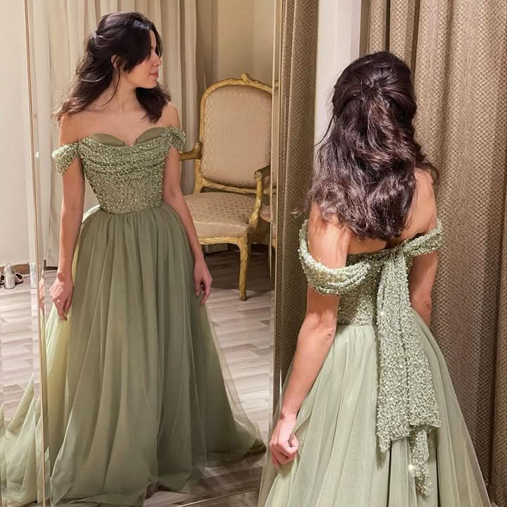 BMbride Beautiful Long Green A-line Off-the-shoulder Sequined Beading Prom Dress BMbride