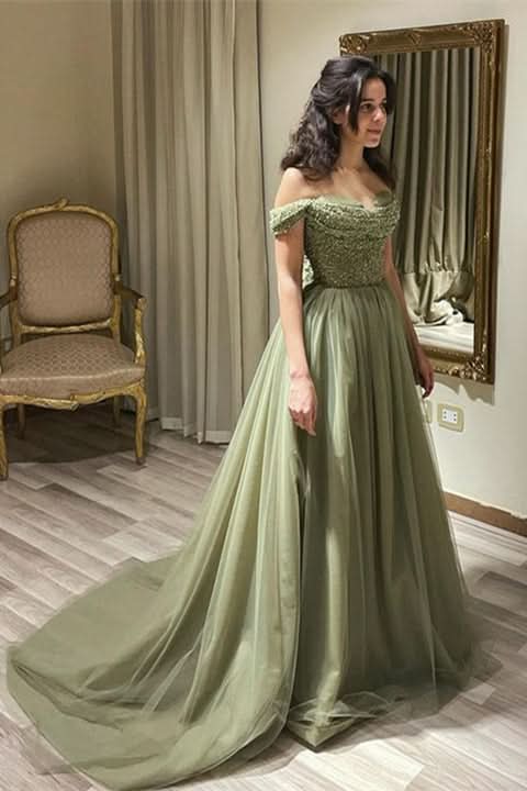 BMbride Beautiful Long Green A-line Off-the-shoulder Sequined Beading Prom Dress BMbride