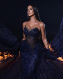 BMbride Beautiful Long Mermaid Lace Sleeveless Prom Dress With Detachable Train BMbride
