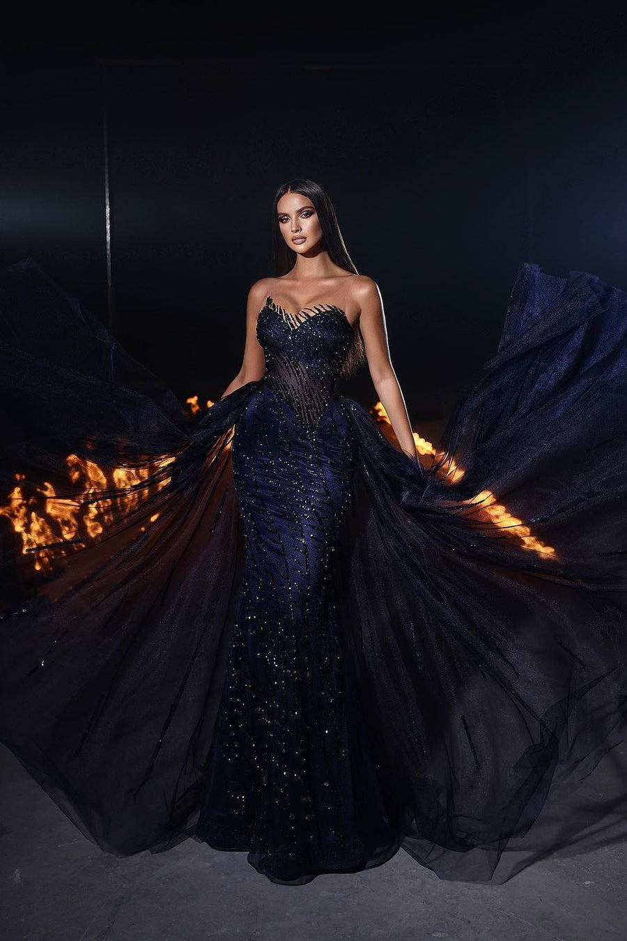 BMbride Beautiful Long Mermaid Lace Sleeveless Prom Dress With Detachable Train BMbride