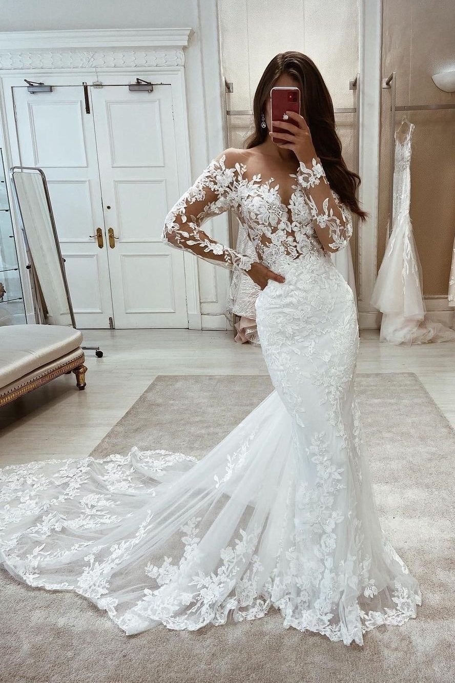 Beautiful Long Mermaid Long Sleeves Lace V-neck Wedding Dress for a Romantic Look BM bride