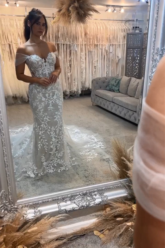 BMbride Beautiful Long Mermaid Off-the-shoulder Appliques Sleeveless Wedding Dress With Lace BMbride