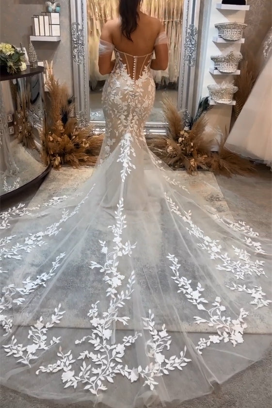 BMbride Beautiful Long Mermaid Off-the-shoulder Appliques Sleeveless Wedding Dress With Lace BMbride