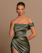 BMbride Beautiful Long Mermaid Off-the-shoulder Satin Prom Dress With Slit BMbride