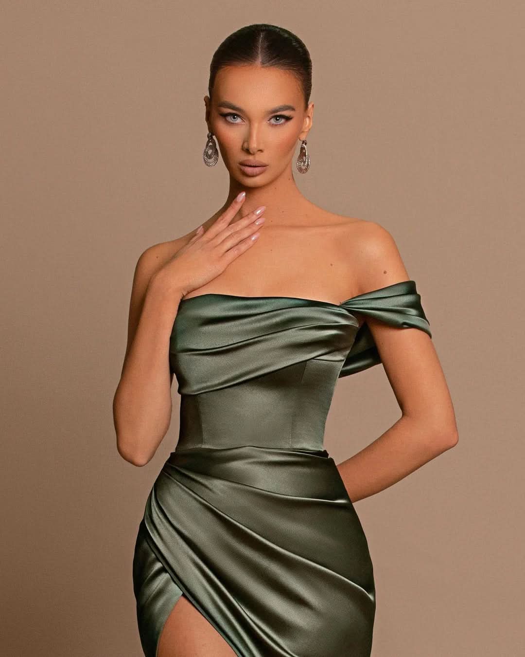 BMbride Beautiful Long Mermaid Off-the-shoulder Satin Prom Dress With Slit BMbride