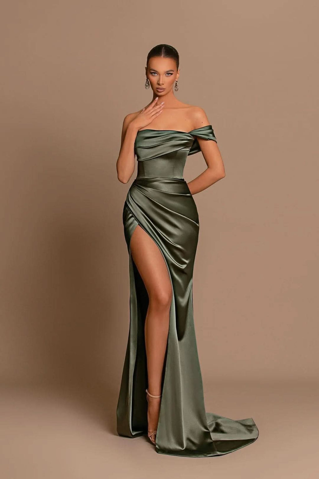 BMbride Beautiful Long Mermaid Off-the-shoulder Satin Prom Dress With Slit BMbride