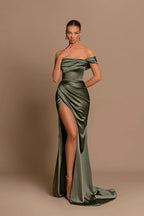 BMbride Beautiful Long Mermaid Off-the-shoulder Satin Prom Dress With Slit BMbride