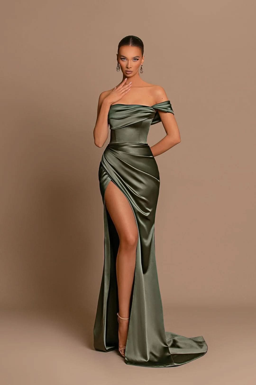 BMbride Beautiful Long Mermaid Off-the-shoulder Satin Prom Dress With Slit BMbride