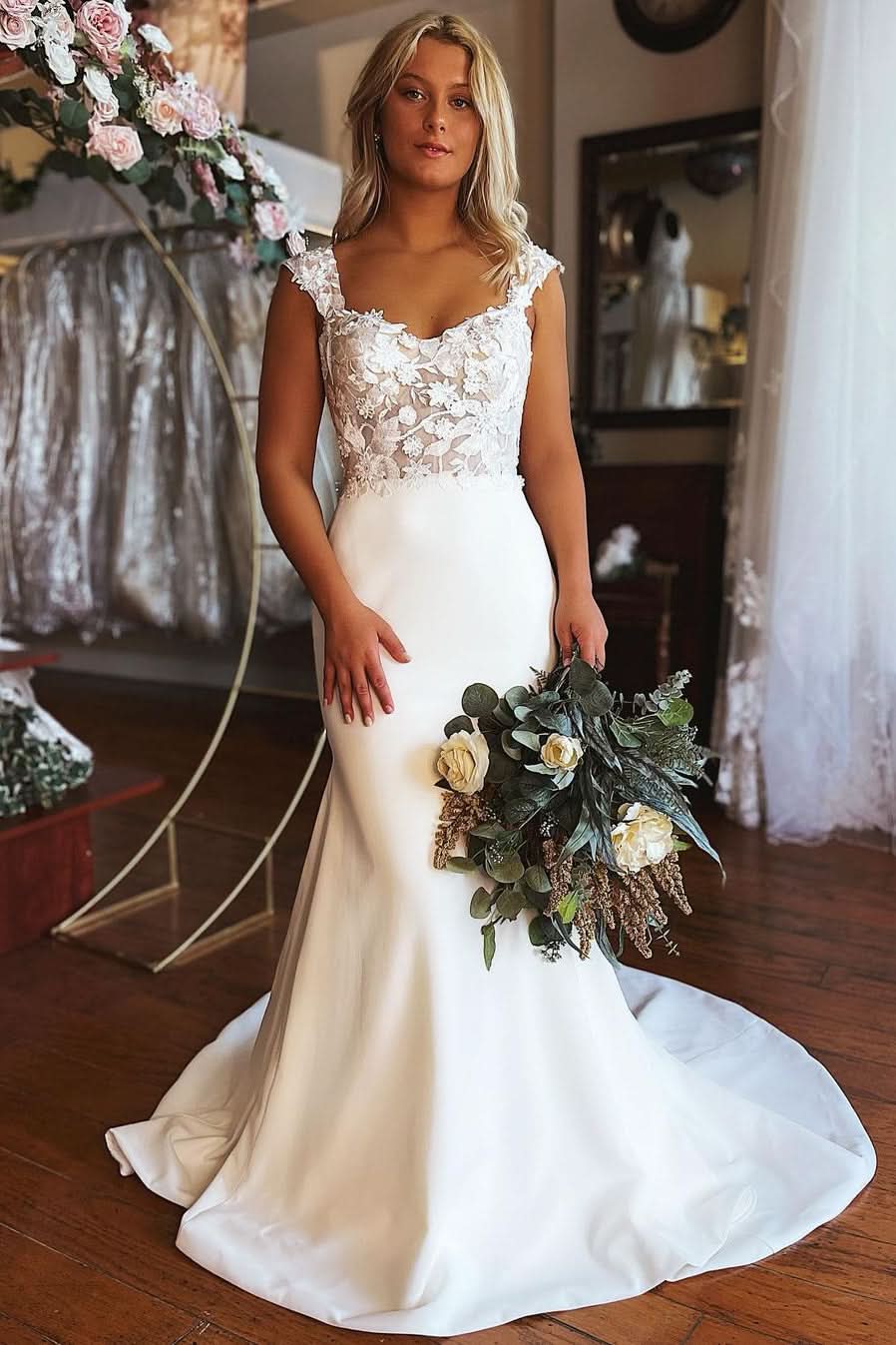 Beautiful Long Mermaid Sleeveless Wedding Dress with Exquisite Lace BM bride