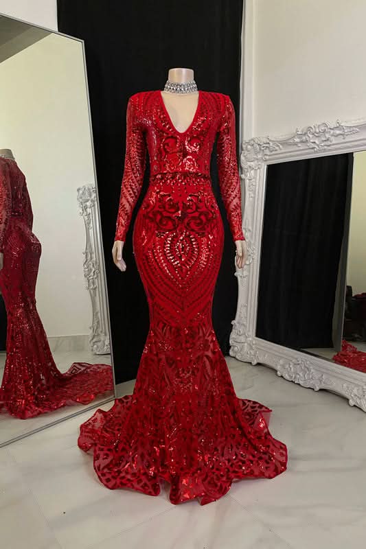 Beautiful Long Mermaid V-neck Prom Dress with Long Sleeves for a Glamorous Look BM bride