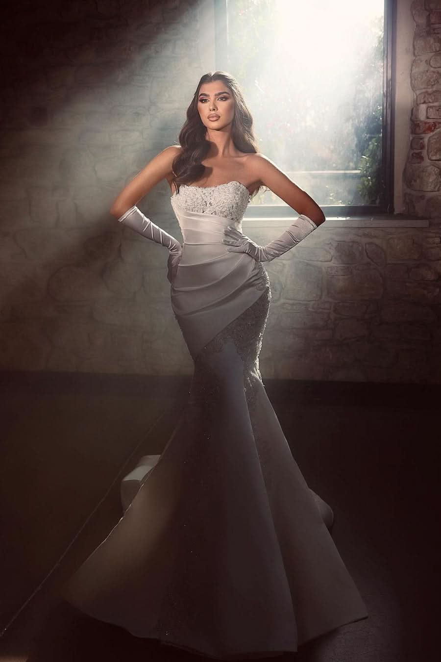 BMbride Beautiful Long Mermaid White Lace Sleeveless Wedding Dress With Appliques BMbride