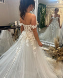 BMbride Beautiful Long Off-the-shoulder A-line Appliques Wedding Dress With Train BMbride