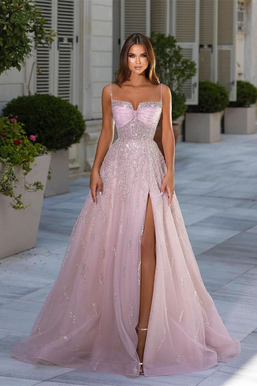BMbride Beautiful Long Pink A-line Sequined Tulle Prom Dress With Slit BMbride