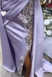 BMbride Beautiful Long Purple High Neck Lace Beading Satin Evening Dress With Slit BMbride