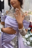 BMbride Beautiful Long Purple High Neck Lace Beading Satin Evening Dress With Slit BMbride