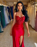 BMbride Beautiful Long Red Spaghetti Straps Sequined Lace Sleeveless Prom Dress With Slit BMbride