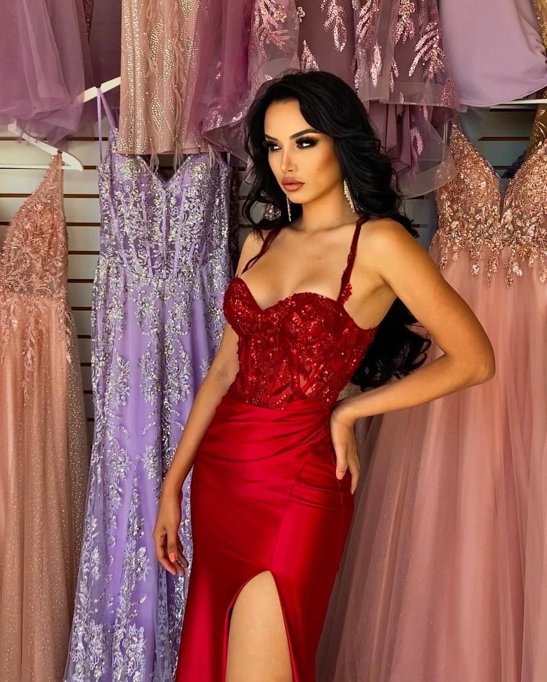 BMbride Beautiful Long Red Spaghetti Straps Sequined Lace Sleeveless Prom Dress With Slit BMbride
