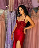 BMbride Beautiful Long Red Spaghetti Straps Sequined Lace Sleeveless Prom Dress With Slit BMbride