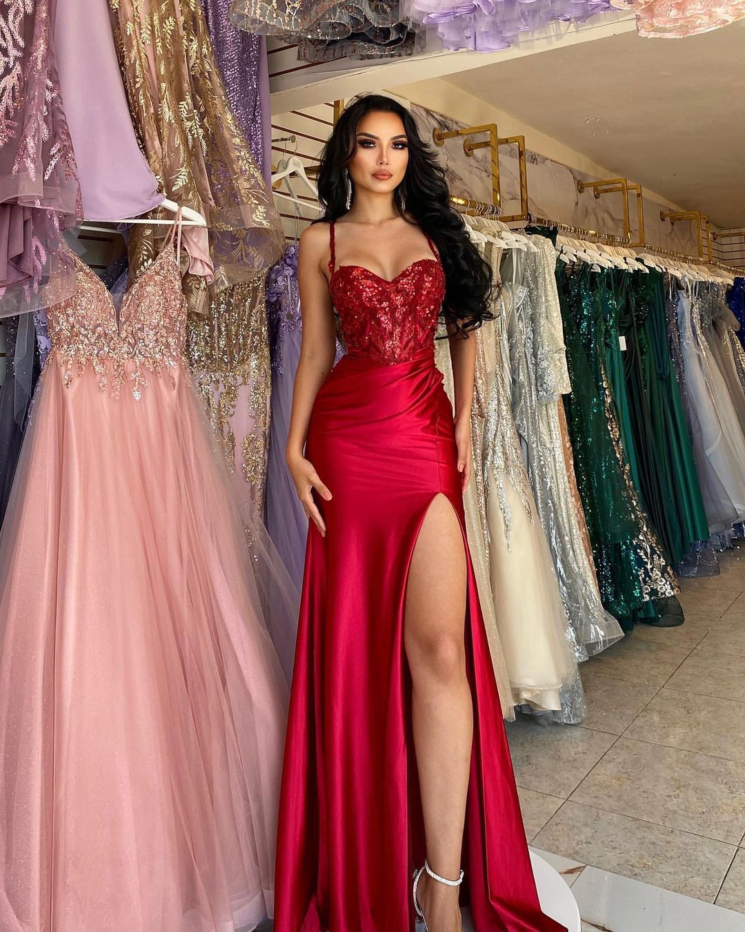BMbride Beautiful Long Red Spaghetti Straps Sequined Lace Sleeveless Prom Dress With Slit BMbride