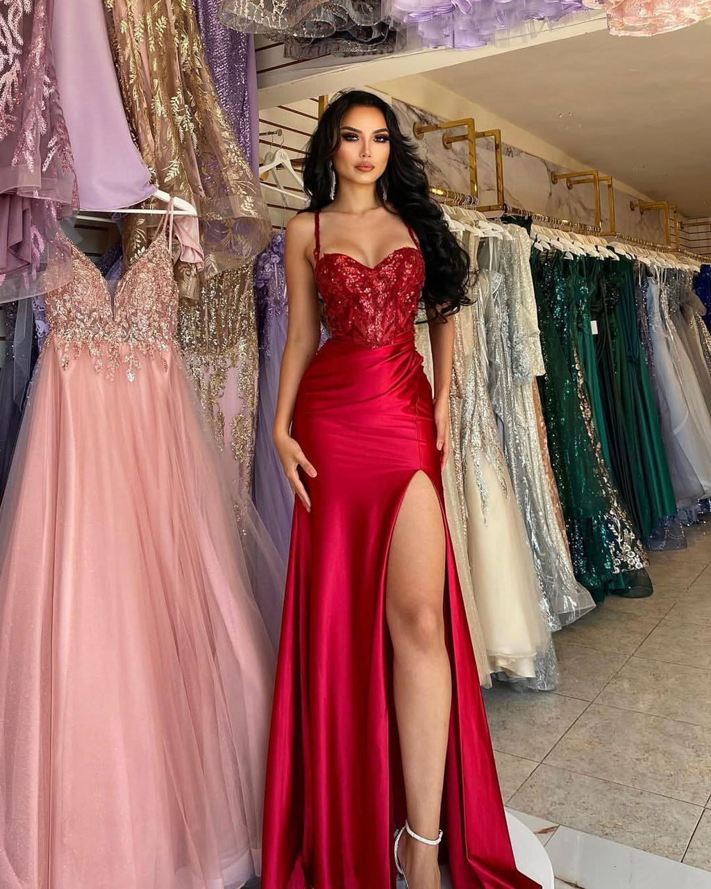 BMbride Beautiful Long Red Spaghetti Straps Sequined Lace Sleeveless Prom Dress With Slit BMbride