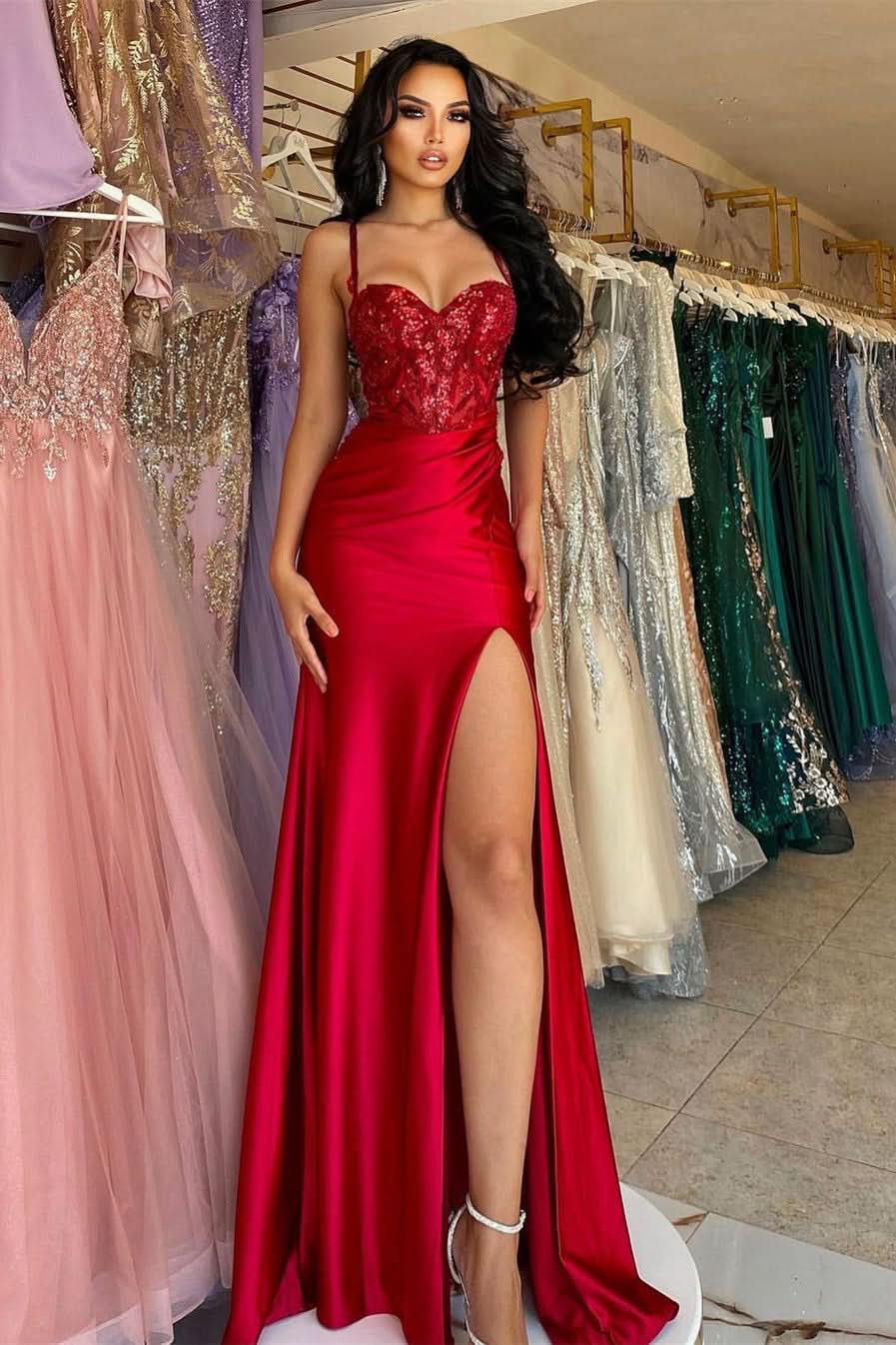 BMbride Beautiful Long Red Spaghetti Straps Sequined Lace Sleeveless Prom Dress With Slit BMbride