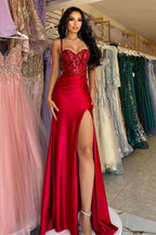 BMbride Beautiful Long Red Spaghetti Straps Sequined Lace Sleeveless Prom Dress With Slit BMbride
