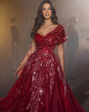 BMbride Beautiful Long Red Sweetheart A-line Prom Dress With Feather BMbride