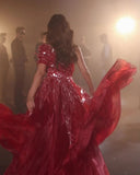 BMbride Beautiful Long Red Sweetheart A-line Prom Dress With Feather BMbride