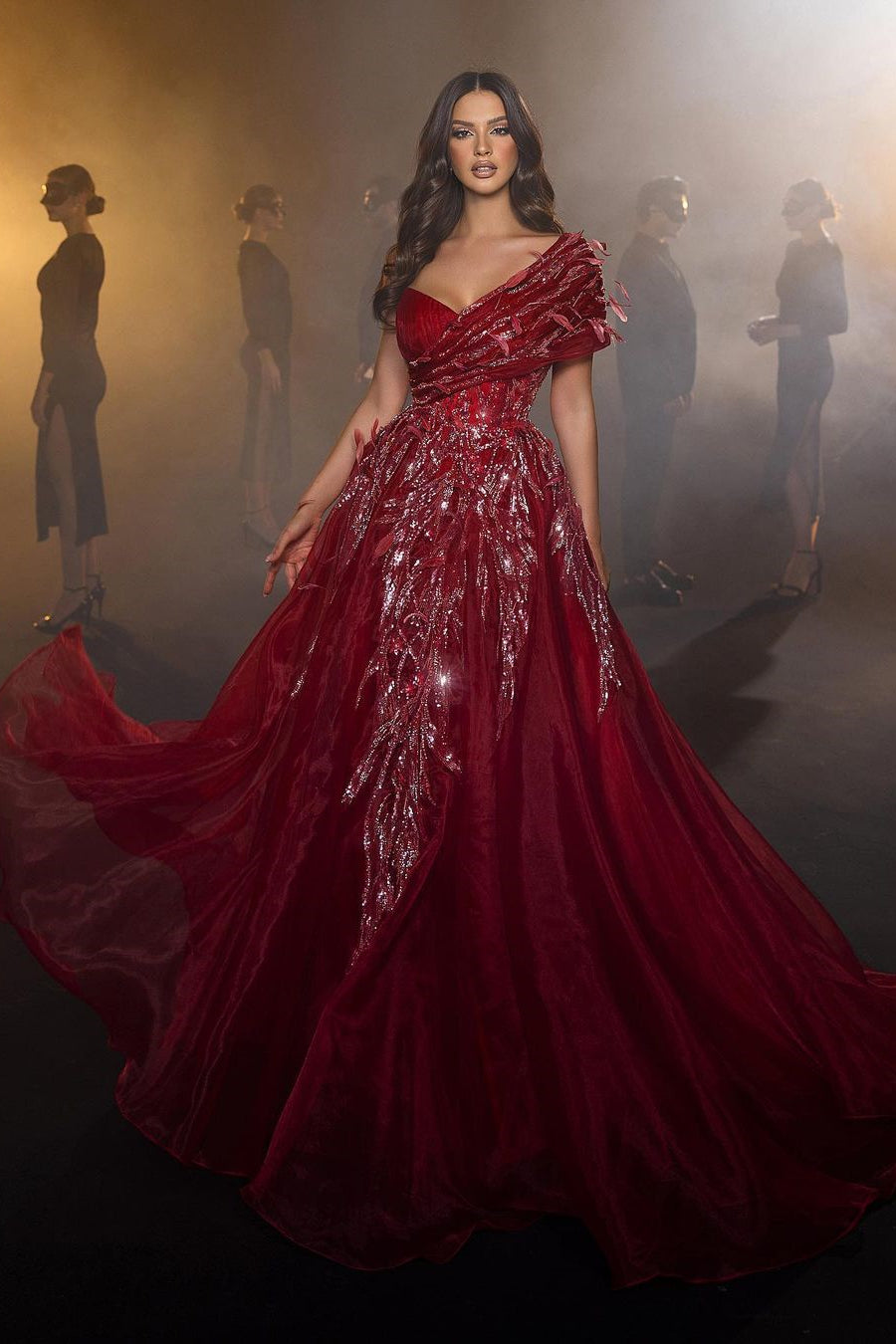 BMbride Beautiful Long Red Sweetheart A-line Prom Dress With Feather BMbride