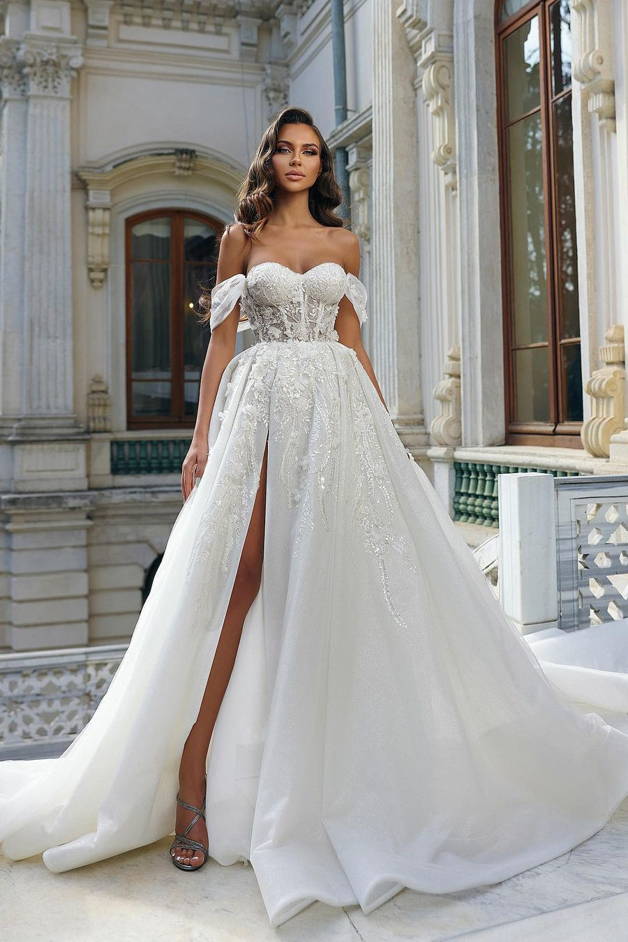 BMbride Beautiful Long White A-line Off-the-shoulder Lace Flowers Wedding Dress With Slit BMbride