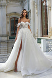 BMbride Beautiful Long White A-line Off-the-shoulder Lace Flowers Wedding Dress With Slit BMbride